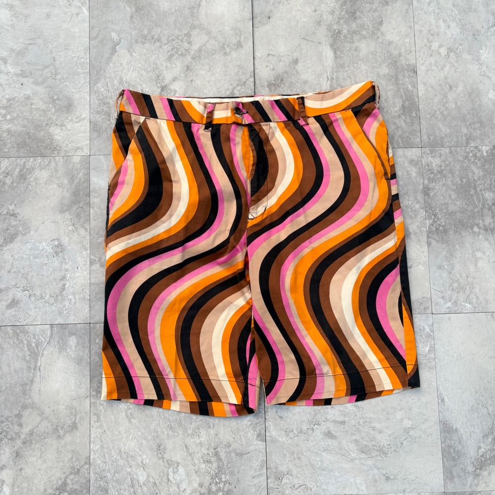 Loudmouth Golf Mens Shorts Psychedelic Wavy Swirl Orange Pink Brown 36W 10Inseam